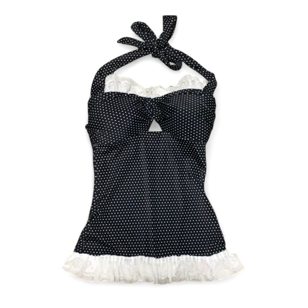 Y2K Black Fitted Polka Dot Halter Tank Top – Size XS